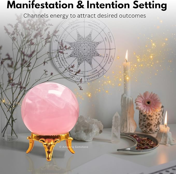 Amazing Gemstone Rose Quartz Crystal Ball with Stand - 1.5 Inches Crystal Sphere Meditation Balls for Witchcraft and Decorative Balls