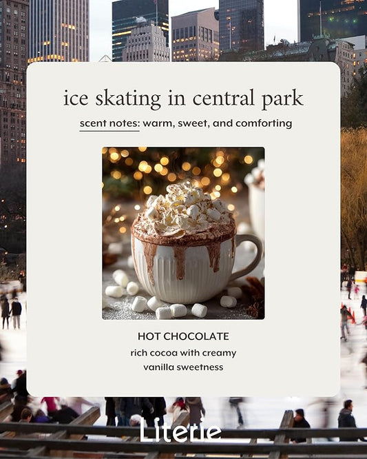 Literie NYC Inspired Scented Candle: Ice Skating in Central Park - Hot Chocolate Scent, 9oz, 50 Hour Burn, Vegan Soy & Coconut Blend Candle for Home Decor, Gift for Women & Men