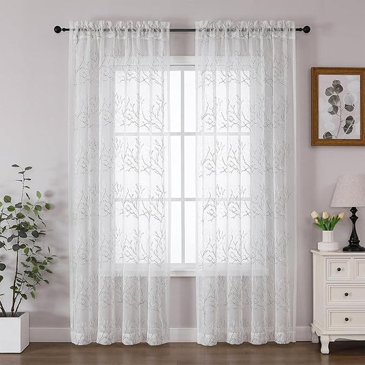 VISIONTEX White Sheer Curtains 108 inch Length 2 Panels Set Decorative Grey Coral Embroidery Rod Pocket Embroidered Semi Sheer Window Drapes for Living Room and Bedroom 54 x 108 Inches