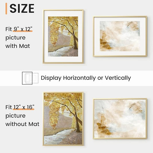 12x16 inch Metal Picture Frame - 12 x 16 Thin Aluminum Photo Frames with 9x12 Removable Mat - High Definition Plexiglass - Vertical and Horizontal Display - Wall Hook Hanging Hardware Included - Gold, Set of 1