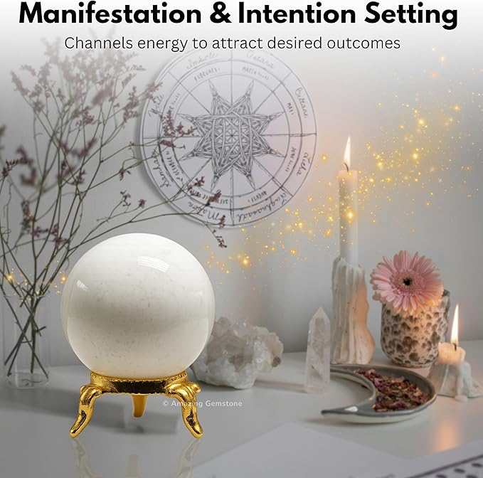 Amazing Gemstone Snow Quartz Crystal Ball with Stand - 1.5 Inches Crystal Sphere Meditation Balls for Witchcraft and Decorative Balls