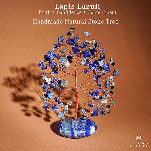 Crystal Tree of Life Home and Office Feng Shui Decor, Lapis Lazuli Healing Crystal Handmade Bonsai Tree for Positive Energy, Good Luck, Money, Christmas Decor, Birthday Gifts for Women, Mom