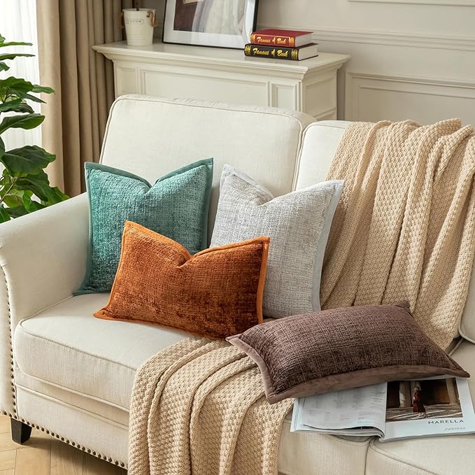 Yaertun Pack of 2 Chenille Textured Decorative Throw Pillow Covers Accent Solid Cushion Cover Soft Cozy Pillow Case with Velvet Back for Couch Sofa Bed Living Room 18x18 Inch Brown