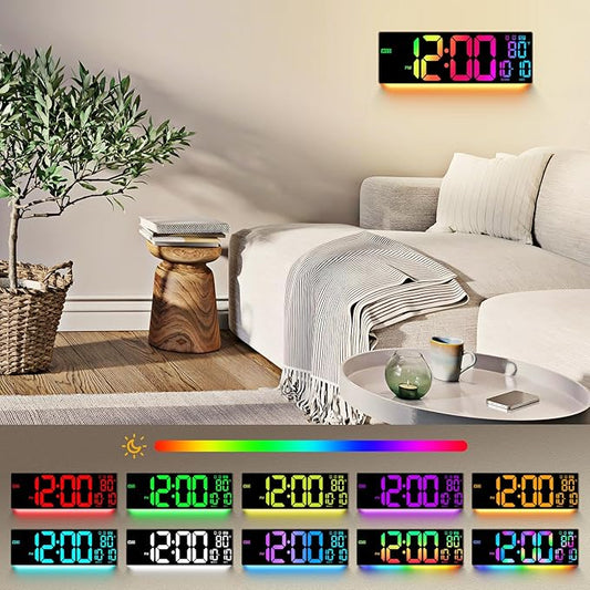 16.5" Large Digital Wall Clock: 11 RGB Colors Wall Mount Decor Clock for Living Room Bedroom Office Classroom, House Warming Gifts New Home Decor, for Men Women Brown