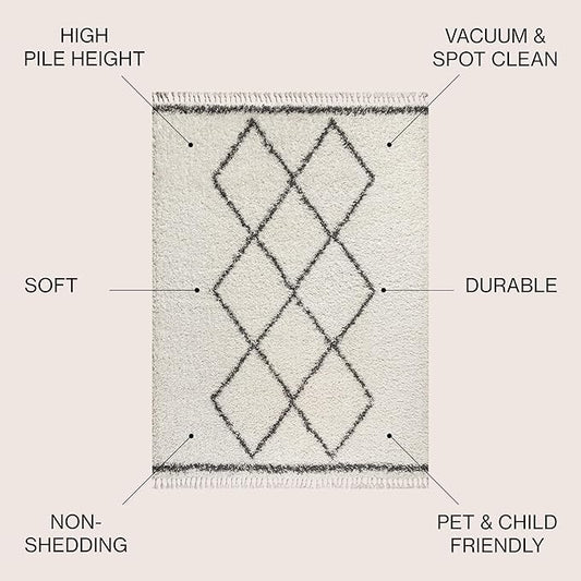 JONATHAN Y Mercer Shag Plush Tassel Cream/Gray Indoor Area Rug, 8x10, Moroccan Geometric Trellis, Bohemian, Easy-Cleaning for Living Room, Bedroom, Kitchen, Pet Friendly, Non-Shedding (MCR103B-8)