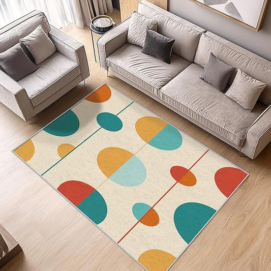 Contemporary Rugs for Living Room - Mid Century Modern Area Rug, 6x9 Rug, Colorful Circle Minimalist Rug & Home Decor, Retro Abstract Carpet & Room Decor, Washable Non Slip Anti Skid Rugs
