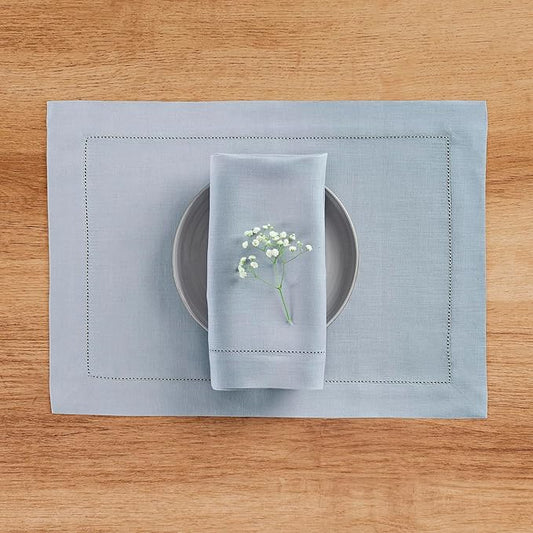 Solino Home Linen Cloth Placemats Set of 4-100% Pure Linen Hemstitch Dusty Blue Placemats 14 x 19 Inch - Classic Hemstitch Table Place Mats for Winter