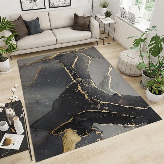 Elegant Black Gold Abstract Marble Design Art Area Rug, Modern Luxury Creativity Print Large Rugs, Machine Washable Breathable Durable Carpet for Room Sofa Living Room Mat Bedroom Decor,5.3 x 8ft