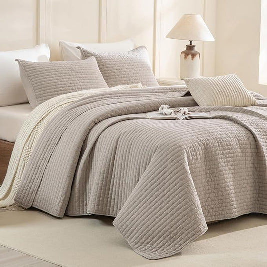 Sanracie Cotton Quilt Set King Size(110"x98"), Linen Colored Ultra Soft Stonewashed Crinkle Quilt Bedspread Set 3Pcs Cross Stitch Pattern Lightweight Breathable Bed Coverlet Set for All Season