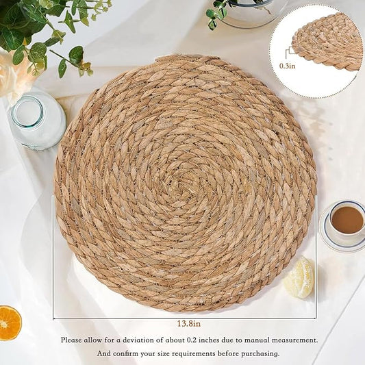 Handmade 13.8" Round Woven Placemats Set of 6, Outdoor Boho Burlap Table Mats Heat Resistant, Natural Jute Place Mat Non Slip Rattan Coasters for Round Dining Table, Home Decoration, Wedding