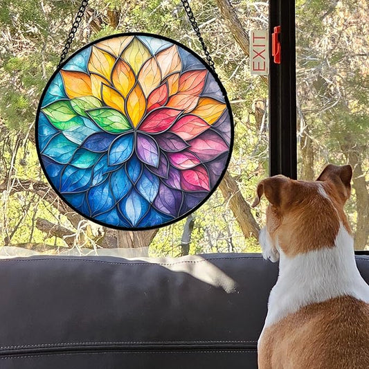 DASTOLL Stained Glass Window Hanging, Colorful Flower Petals Sun Catchers Diamond Glass Panel Hangings Suncatcher Decor for Birthday for Women, Men, Wife, Aunt, and Mom 14.9x14.9 in