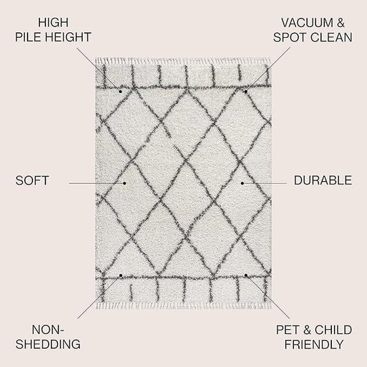 JONATHAN Y Mercer Shag Plush Tassel Ivory/Gray Indoor Area Rug, 4x6, Moroccan Geometric Trellis, Easy-Cleaning for Living Room, Bedroom, Kitchen, Pet Friendly, Non-Shedding (MCR101B-4)