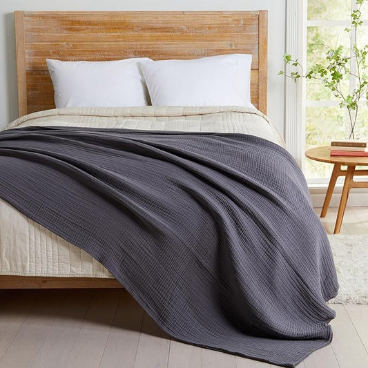 100% Cotton Muslin Twin Size Blanket | Soft, Breathable, and Lightweight Bed Blanket for All-Season | Perfect for Layering | Maria Collection (Twin, Charcoal)