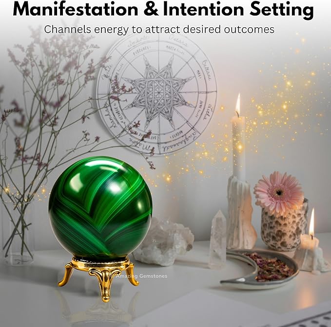 Amazing Gemstone Malachite Crystal Ball with Stand - 1.5" Inches Crystal Sphere Meditation Balls for Witchcraft and Decorative Balls