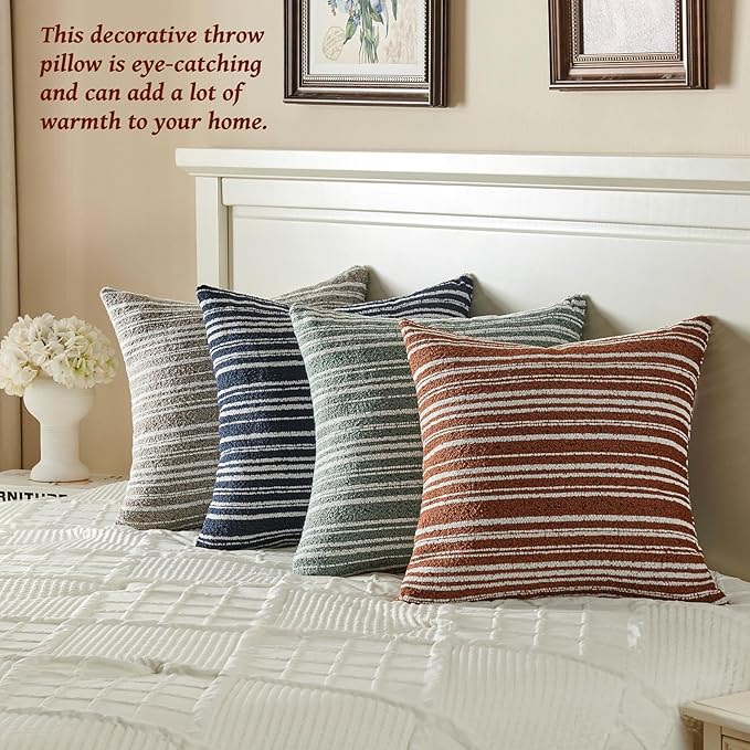 AmHoo Pack of 2 Textured Boucle Throw Pillow Covers Accent Striped Cozy Soft Decorative Couch Cushion Case for Chair Sofa Bedroom Living Room Home Decor 20 x 20-Inch Rustic Brown