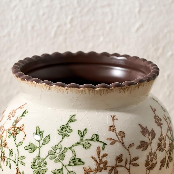 SIDUCAL 4.84" Ceramic Chinoiserie Vase – Green & Beige Wide-Mouth Crackle Glaze | Farmhouse Home Decor