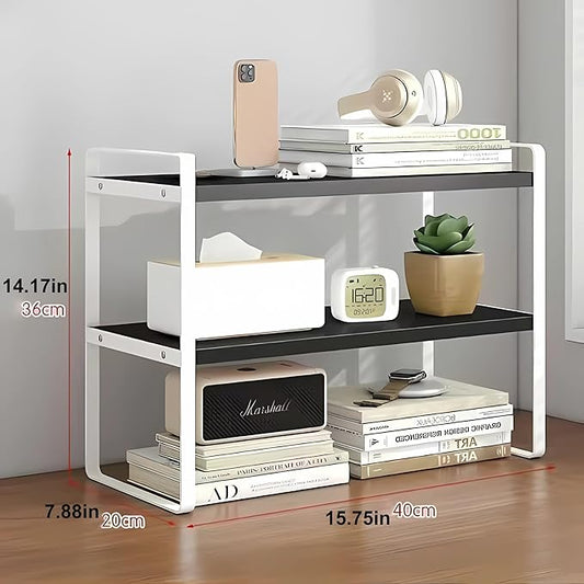 Hbluefat Desktop Organizer Shelf, 2-Tier Multipurpose Tabletop Storage Bookshelf, Small Wooden Countertop Storage Rack for Home Office Kitchen (Black+White)