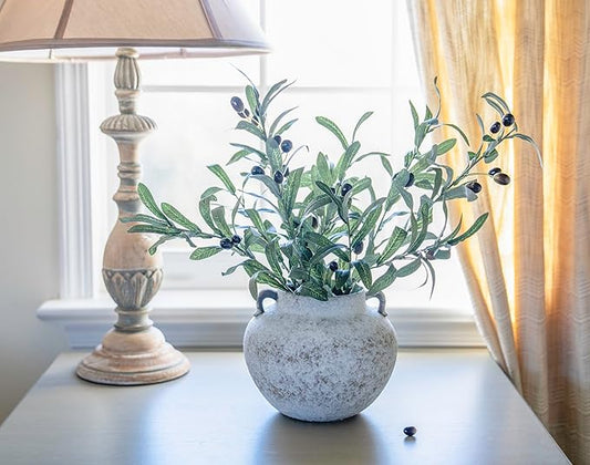 Rustic White Two-Ear Ceramic Vase with Hand-Glazed, Textured Pottery Vase with Two Ears for Centerpieces, Kitchen, Living Room, Bedroom Decor Gifts (Rustic White, Short)