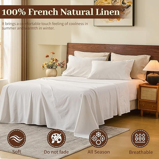 MEISHANG 100% French Linen Sheet Set Queen 4-Piece | Soft Breathable Flax Sheets, OEKO-TEX Certified, White