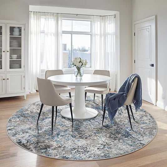 5ft Round Area Rug for Living Room- 5x5 Washable Neutral Abstract Rug for Bedroom Modern Soft Dining Room Rug No Slip Low Pile Carpet for Nursery Home Office Decor - Grey/Blue