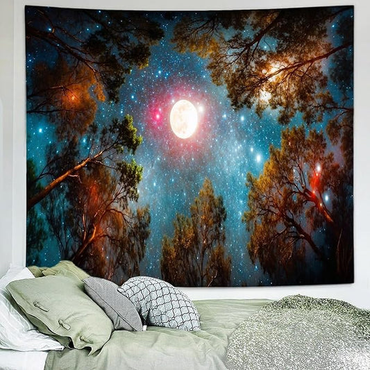 Delur Forest Tapestry Galaxy Moon Stars Night Space Starry Sky Wall Hanging Tapestry Aesthetic Tree Nature Landscape Psychedelic Headboard for Bedroom Living Room Home Decor (51.2" x 59.1")