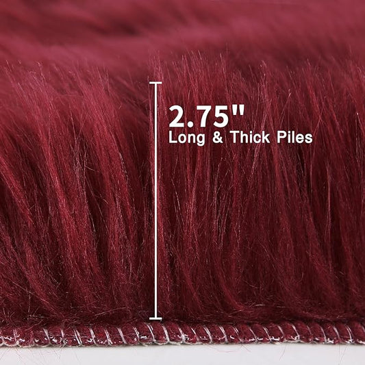 duduta Burgundy Faux Fur Round Rug 4x4 ft, Fluffy Shag Sheepskin Circle Rug for Nursery Bedroom Living Room Washable
