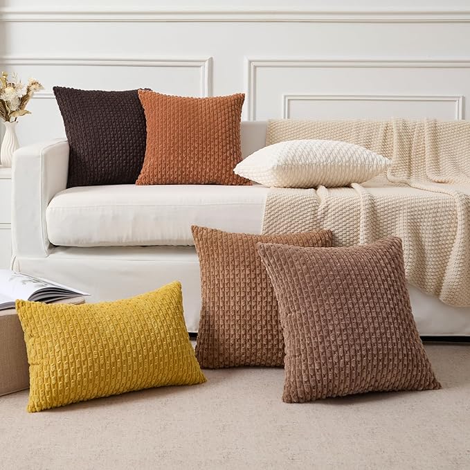 Kevin Textile Decorative Pillow Covers Set of 2 Striped Plush Corduroy Pillows Pillowcases Boho Home Decor Cushion Covers for Couch Sofa Bed Living Room 26x26 Inch, Burnt Orange