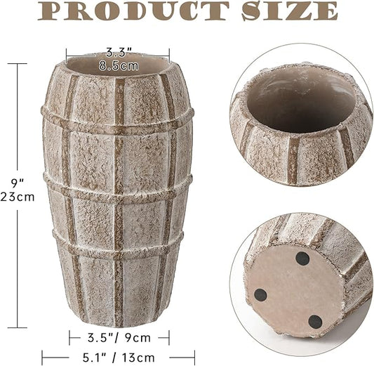 Briful Rustic Terracotta Flower Vase for Home Decor – 9" Brown Farmhouse Textured Barrel-Style Ceramic Vase Vintage Handcrafted Gridded Design for Faux & Dried Flowers Living Room Table Centerpiece
