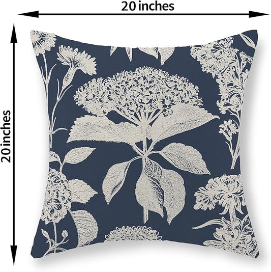Blue Pillow Covers 20x20 Set of 2 Boho White Floral Throw Pillows Hydrangea Herbs Botanical Decoration Pillowcase Linen Farmhouse Vintage Flower Cushion Case Outdoor Decorative for Couch Sofa