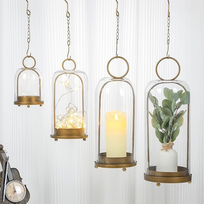 20" High Versatile Modern Metal Hurricane Lantern with Handmade Sturdy Glass Dome in Antique Brass for Pillar Candle & Plants, Industrial, Farmhouse, Shabby Chic (Brass, 7.5"x20")