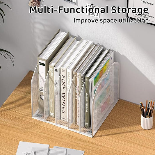 White 5-Section File Folder Organizer for Desk – 8.5"×9.3" Metal Vertical File Holder, Desktop File Organizer Vertical Stand, Letter/A4 Upright File Sorter