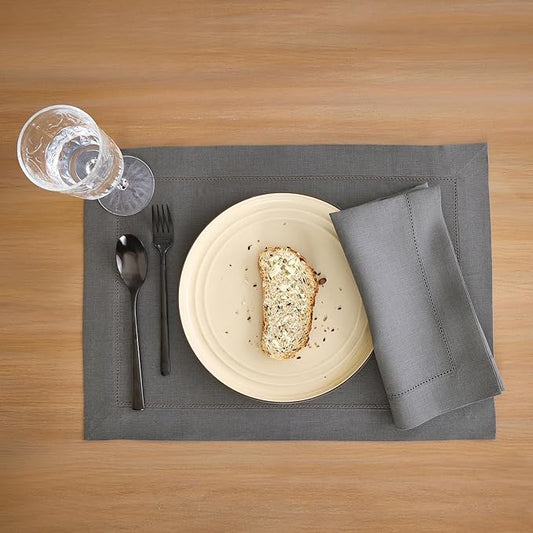 Solino Home Linen Cloth Placemats Set of 4-100% Pure Linen Hemstitch Steel Gray Placemats 14 x 19 Inch - Classic Hemstitch Table Place Mats