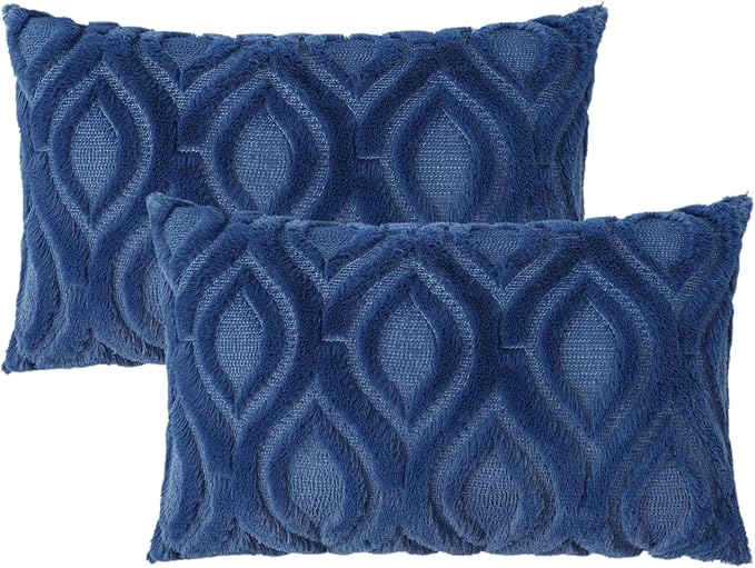decorUhome Spring Throw Pillow Covers 12x20 Inch Set of 2, Soft Plush Faux Wool Dark Blue Solid Couch Pillow Covers, Accent Farmhouse Neutral Square Pillow Cases for Sofa Bed Living Room