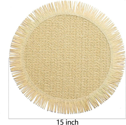FunWheat Paper Round Placemats Set of 12 for Dining Tables 15 Inch Heat Resistant Table Mats Handmade Natural Place mats for Farmhouse Decoration(Beige)