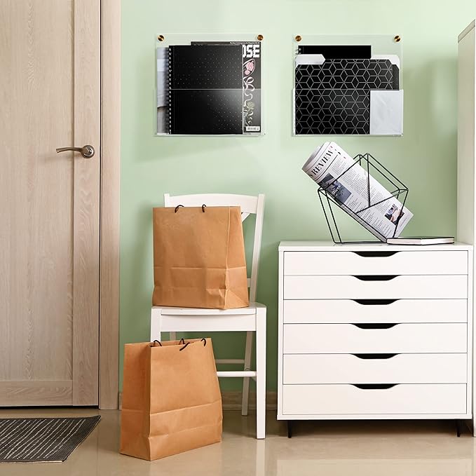 Premium Clear Acrylic Wall File Organizer 2-Pack | Mail Holder Wall Mount | Office Document Sorter with 3 Screw Cap Colors