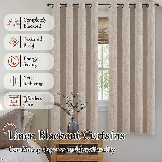 Lajode Beige 100% Blackout Curtains for Living Room 72 Inch Length 2 Panels Set, Thermal Insulated Light Blocking Polyester Linen Curtains for Bedroom, Bronze Grommet Boho Window Drape Each 52" Wide