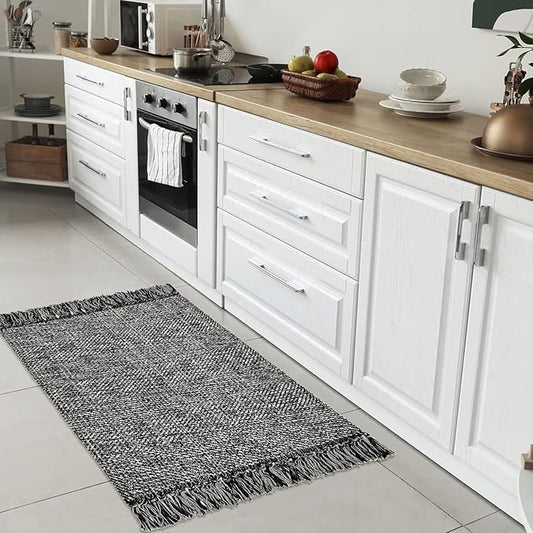 Collive Black Bathroom Rug, 2' x 3' Hand-Woven Washable Small Kitchen Rugs, Cotton Reversible Entryway Rug Modern Farmhouse Carpet for Foyer Bedroom Back Door