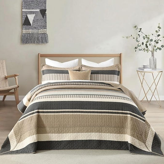 Finlonte Bedspread King Size 100% Cotton Oversized King Size Bedspreads Charcoal Brown Beige Extra Super King Quilted Bed Spread Striped Farmhouse Lightweight Soft Bedding Set for All Season, 3 Piece