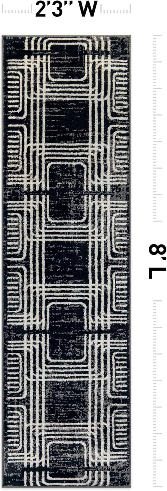 Rugshop Black and White Geometric Area Rug – Abstract Curved Line and Square Pattern Carpet for Living Room, Bedroom, or Office – Contemporary Soft Floor Décor 2' 3" x 8' Runner Black