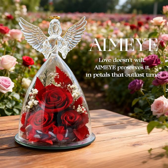 Valentines Day Roses Gifts for Women,Preserved Real Flowers Roses in Glass Angel Figurines,Valentines Day Gifts for Women Mom Wife Girlfriend./Red