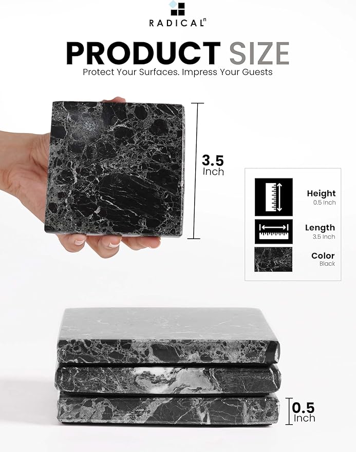 Radicaln Marble Coasters Square 3.5" Inches Black Handmade Coasters for Drinks, Marble Drink Coaster for Home Bar, Ideal Coaster Set of 6