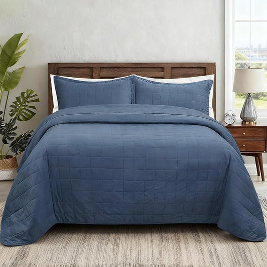 Quilt Sets California King Size - 100% Cotton Lightweight Luxury Comforter Set, Oversized Extra Wide Stitching Bedding Set Bedspread Coverlet with 2 Pillowcase Suitable for All Season, Blue