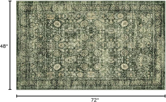 Morebes Area Rug 4x6 Vintage Washable Boho Rugs for Bedroom, Soft Living Room Carpet Non-Slip Non-Shedding Faux Wool Rug for Farmhouse Dining Room Indoor Kids Playroom, Grayish Green
