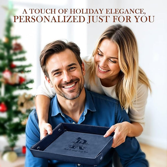 Engraved Christmas Blue Leather Valet Tray – Personalized Rectangle Catchall Organizer for Wallet, Keys, and Jewelry – Gift for Men, Dad, Couples – Dresser Top or Coffee Table Tray Decor