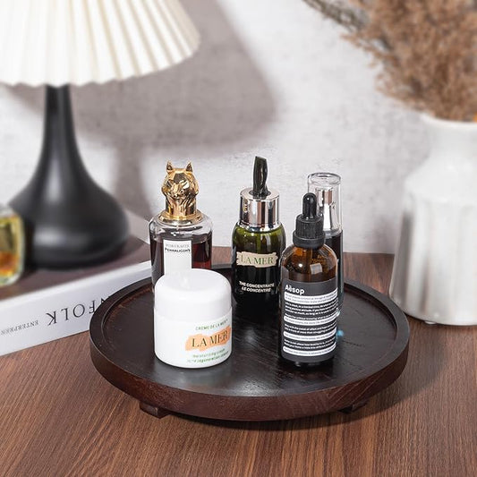 Round Decorative Tray Wood Bathroom Counter Organizer Farmhouse Kitchen Decor Wooden Riser for Soap Dish, Perfume, Candle, Sponge, 10" - Walnut