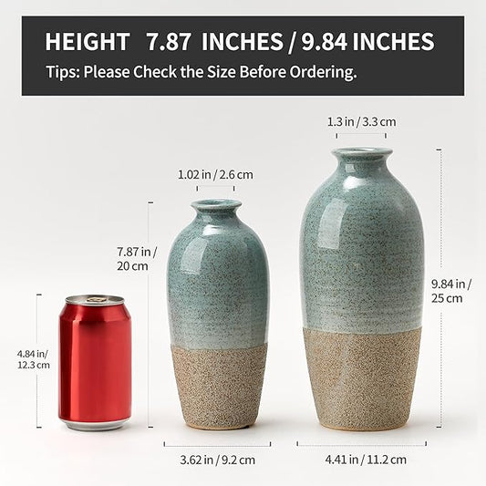 Ceramic Vases for Home Decor, Elegant Blue and Brown Ceramic Vase Set of 2, Vintage Minimalist Decorative Vase for Table Centerpiece Dining Living Room Office Nightstand Fireplace Decoration
