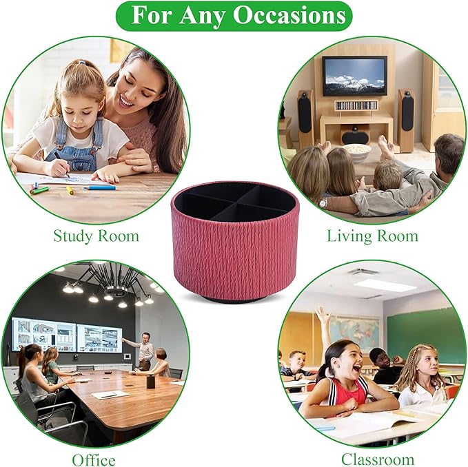 Round Leather Art Supply Organizer,Remote Control Holder,360 Degree Spinning,Multi-Functional Pencil Holder,4 Compartments Desktop Stationary Organizer(1-Wood Red)