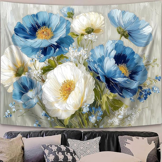 DYNH Blue White Floral Tapestry,Natural Aesthetics Elegant Tapestrie,Modern Flower Painting Wall Hanging,Watercolor Aesthetic Art Decor for Bedroom Living Room Dorm,90X70In