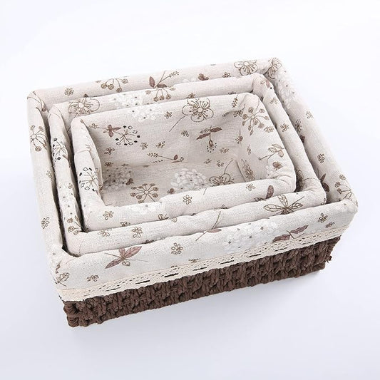Storage Baskets Set of 3,Decorative Paper Rope Woven storage Baskets with Liner,Rectangular Storage Bins Container for Makeup Bedroom Shelves Organizing,Home Deco, Brown