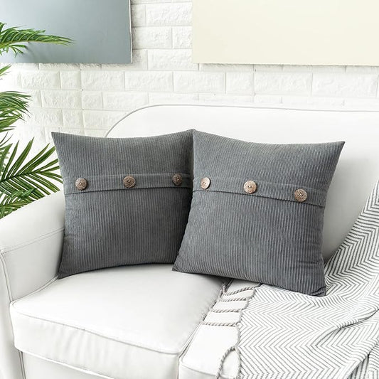 HWY 50 Gray Grey Chenille Throw Pillow Covers 22x22 Inch with Triple Buttons, Soft Farmhouse Accent Decorative Cushion Cases for Couch Sofa Bed Living Room Bedroom Pack of 2